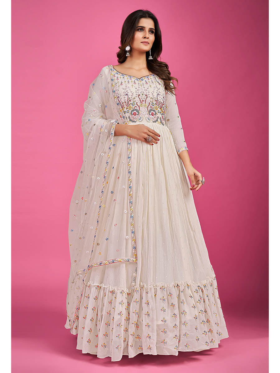 Myra White Pure Georgette Embroidered Gown - Distacart