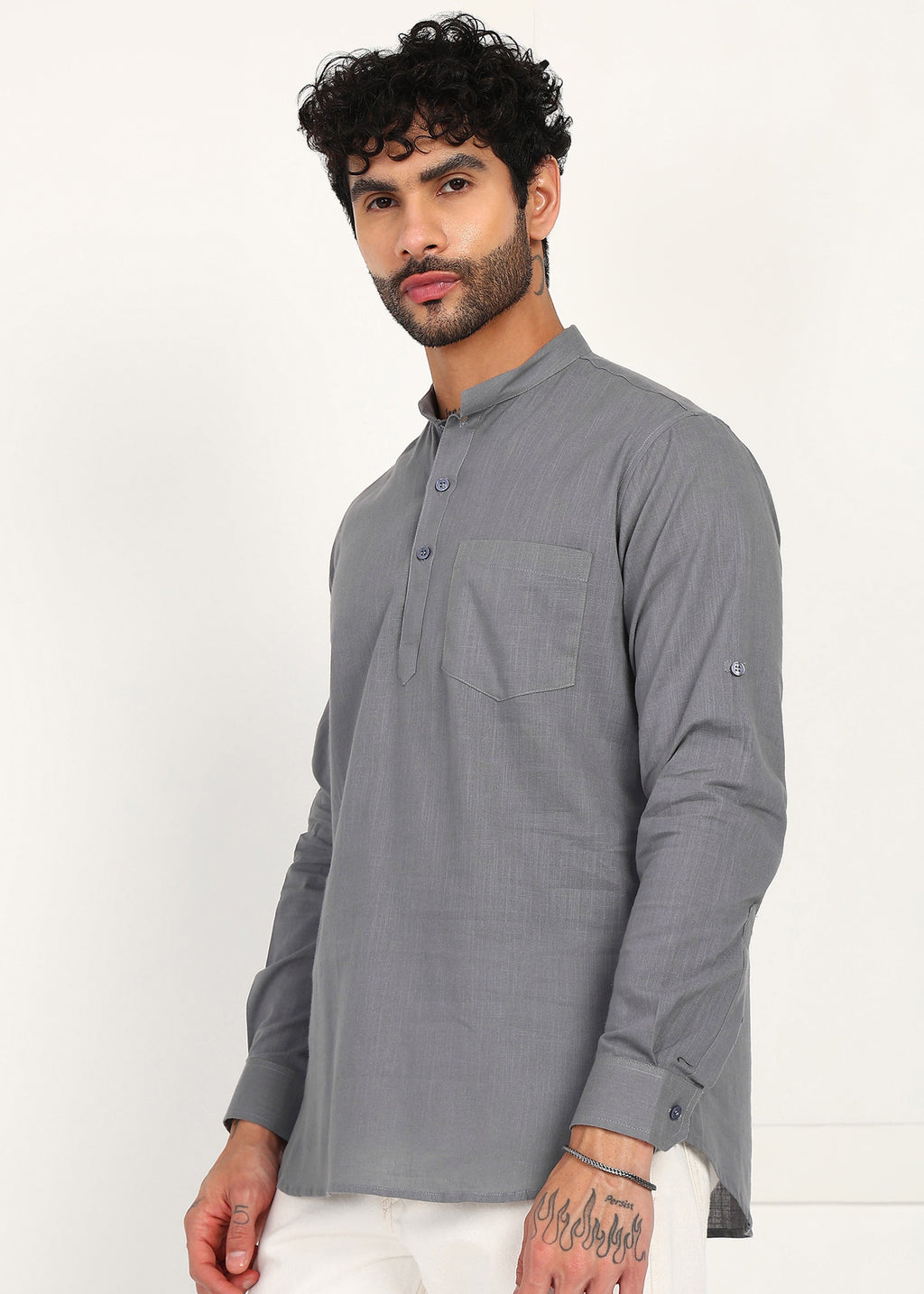Fabmade Ash Grey Linen Short Kurta