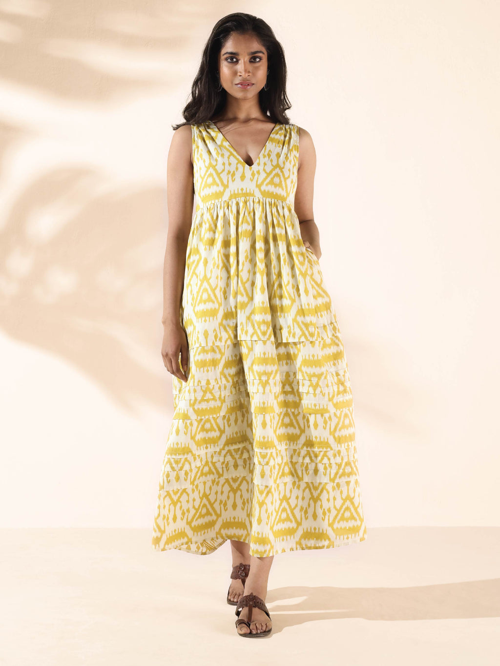 trueBrowns Lime Cotton Ikat Sleeveless Flared Dress - Distacart