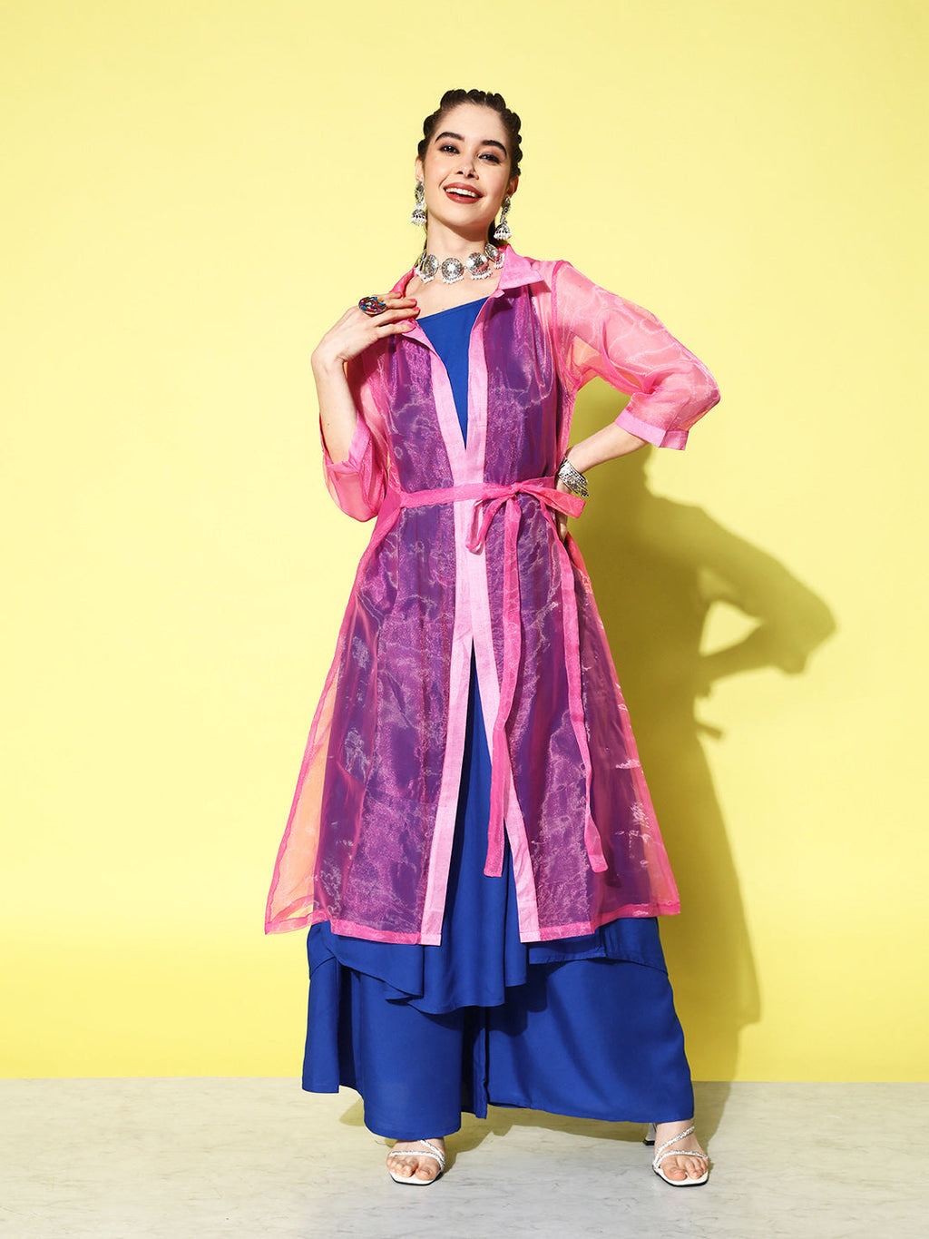 InWeave Women's Ink Blue Strappy Kurta Set With Pink Organza Cape