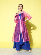 InWeave Women's Ink Blue Strappy Kurta Set With Pink Organza Cape