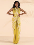 trueBrowns Lime Muslin Ikat Saree