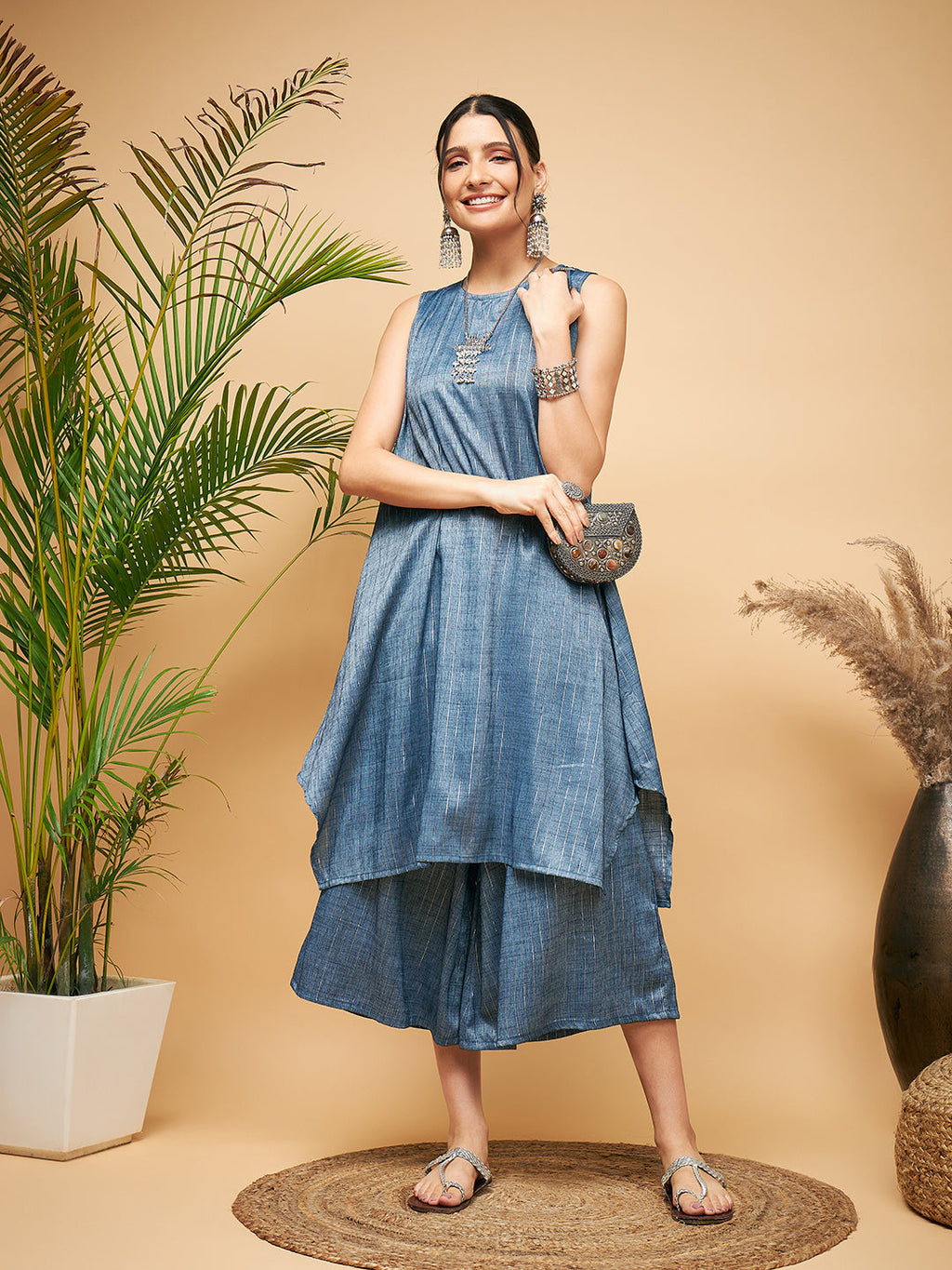 InWeave Women's Blue Lurex Short Pallazo Kurta Set