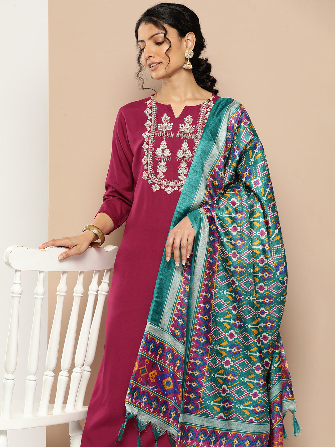 KSUT (House of Varanga) Magenta Kurta With Dori And Zari Embroidered Yoke Paired With Organza Dupatta And Straight Trouser - Distacart