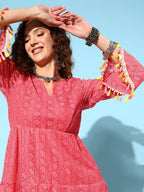 InWeave Women's Peach Lacy Dress With Tassels - Distacart