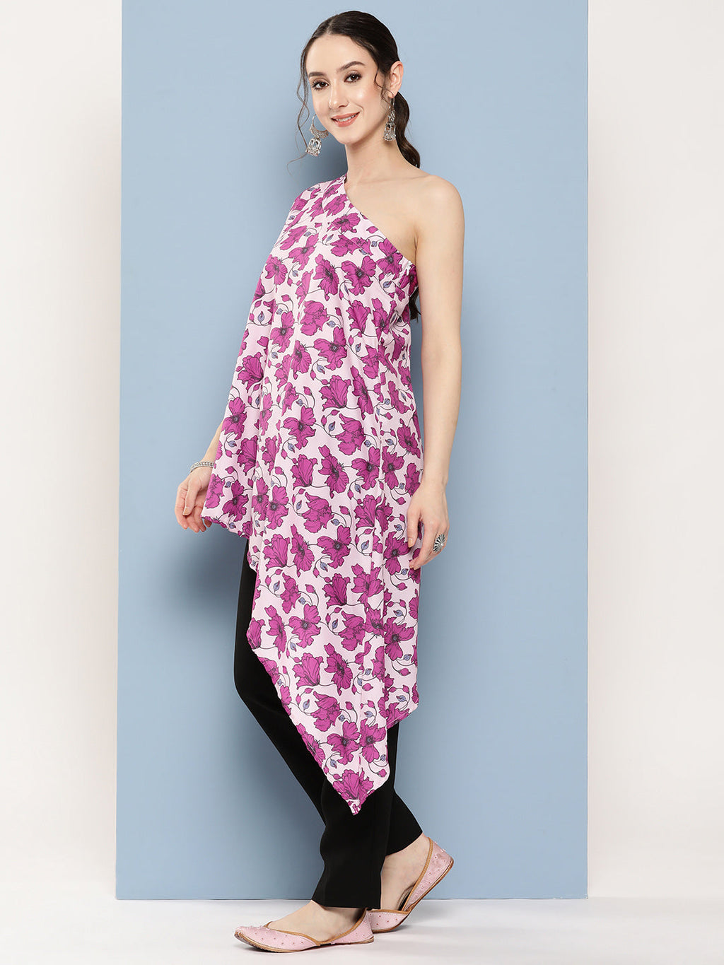 InWeave Women's Pink Fuchsia Japanese Art Oneshoulder Top