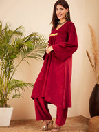 InWeave Women's Barn Red V Neck Asymmetrical Pleated Velvet Kurta Set