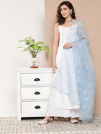 InWeave Women's Cream Strappy With Blue White Chintz Organza Dupatta