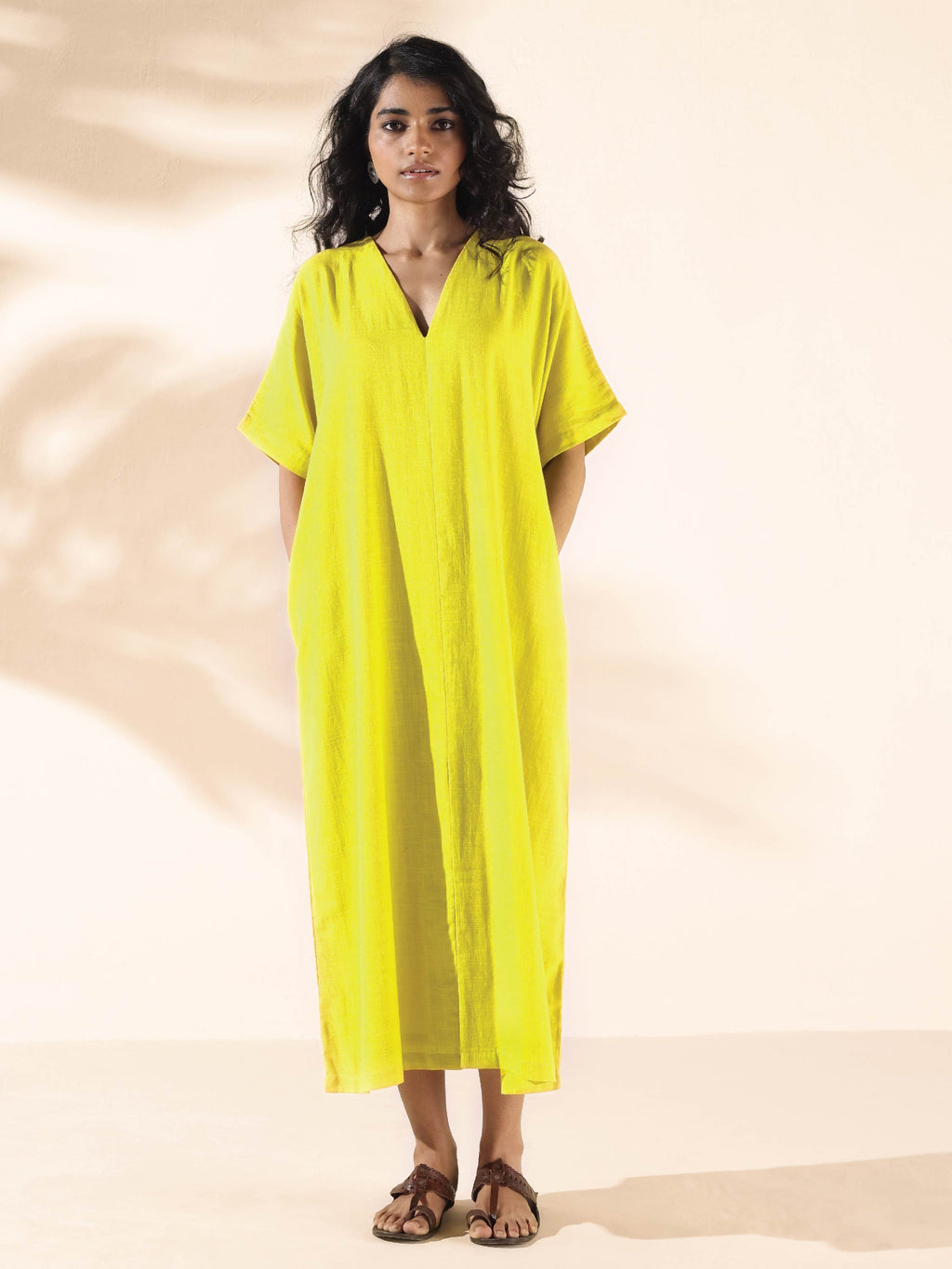 trueBrowns Lime Cotton Front Slit Dress - Distacart
