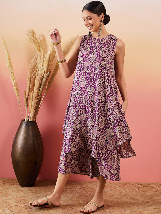 InWeave Dusty Mauve Paisley Round Neck Kurta Short Palazzo Set