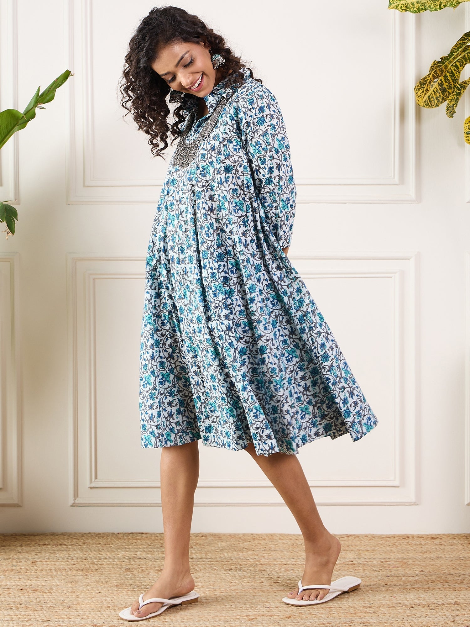InWeave Aqua Blue Floral Grey Jaal Collar Flared Dress - Distacart