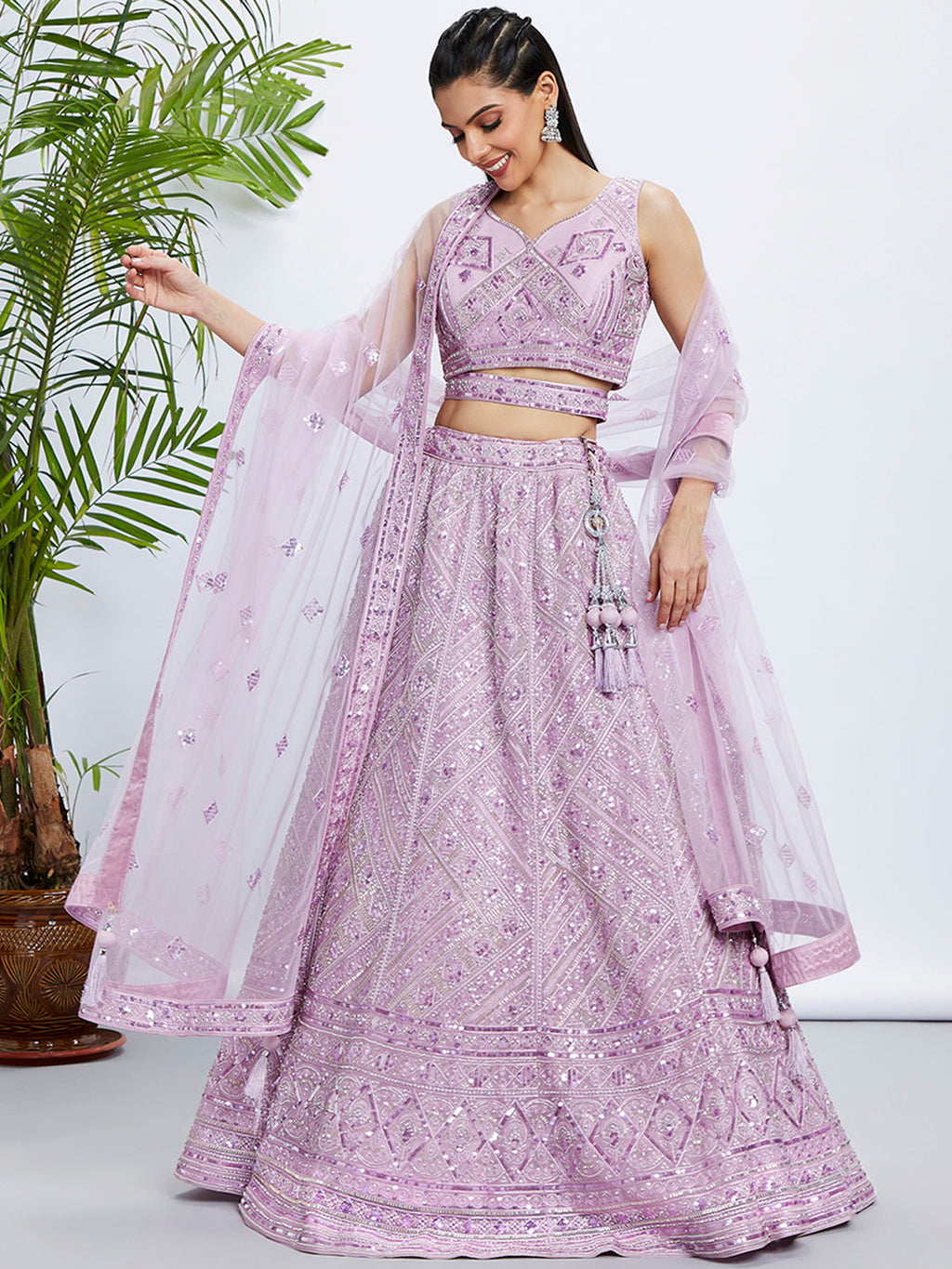 House of Panchhi Sea Green Georgette Sequins And Thread Embroidery Lehenga Choli & Dupatta