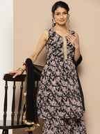 KSUT (House of Varanga) Black Printed Anarkali Kurta Paired With Sharara And Plain Tonal Dupatta