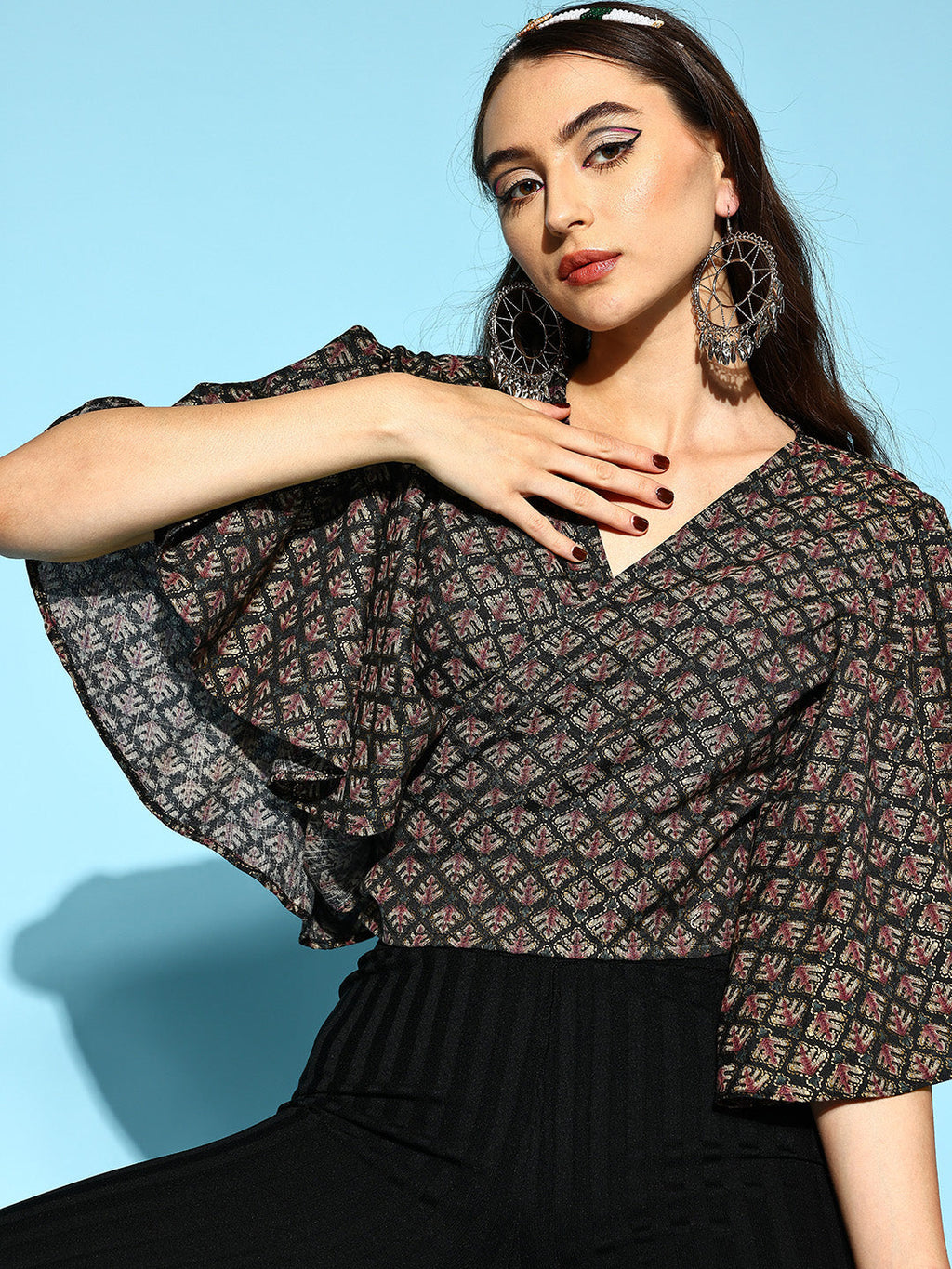 InWeave Women's Black Foil Print Bell Sleeves Top