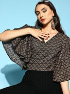 InWeave Women's Black Foil Print Bell Sleeves Top