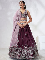 House of Panchhi Burgundy Pure Georgette Sequins And Thread Embroidery Lehenga Choli & Dupatta