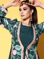 Ahalyaa Green Crepe Puff Sleeves Floral Printed Maxi Ethnic Dress with Waist Tie-Ups - Distacart