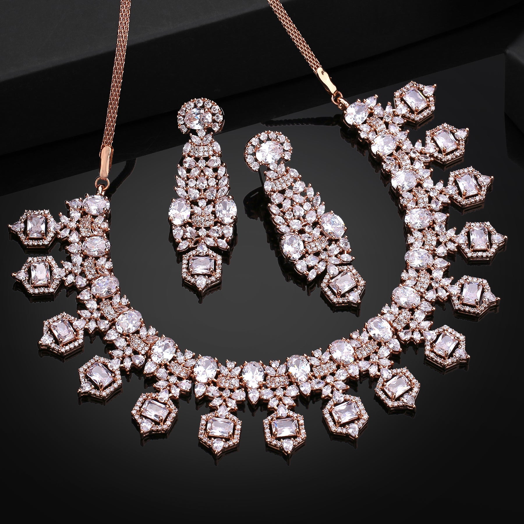 Estele Rhodium Plated CZ Astonishing Necklace Set with White Stones for Women