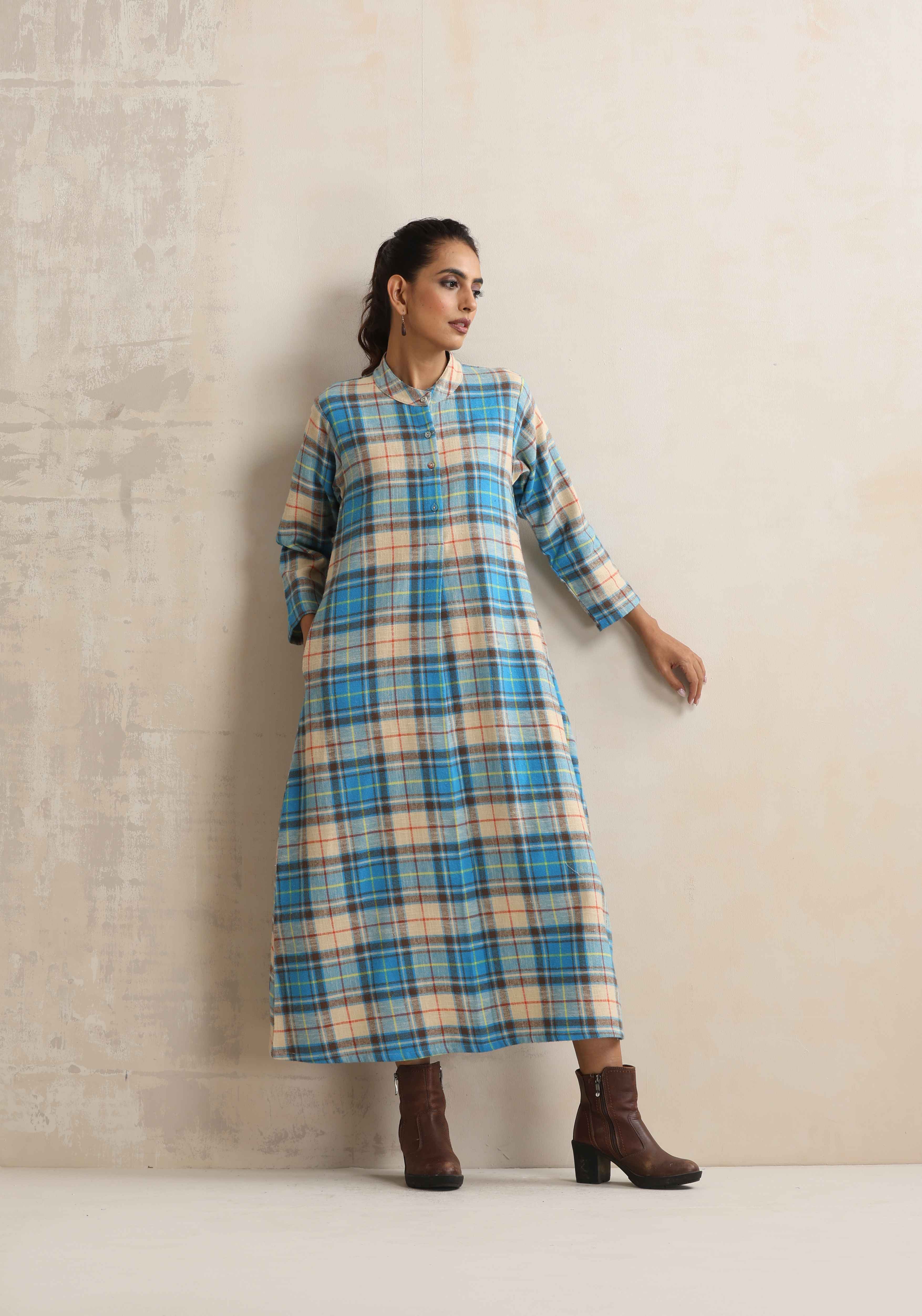 trueBrowns Beige Check Flared Winter Dress - Distacart