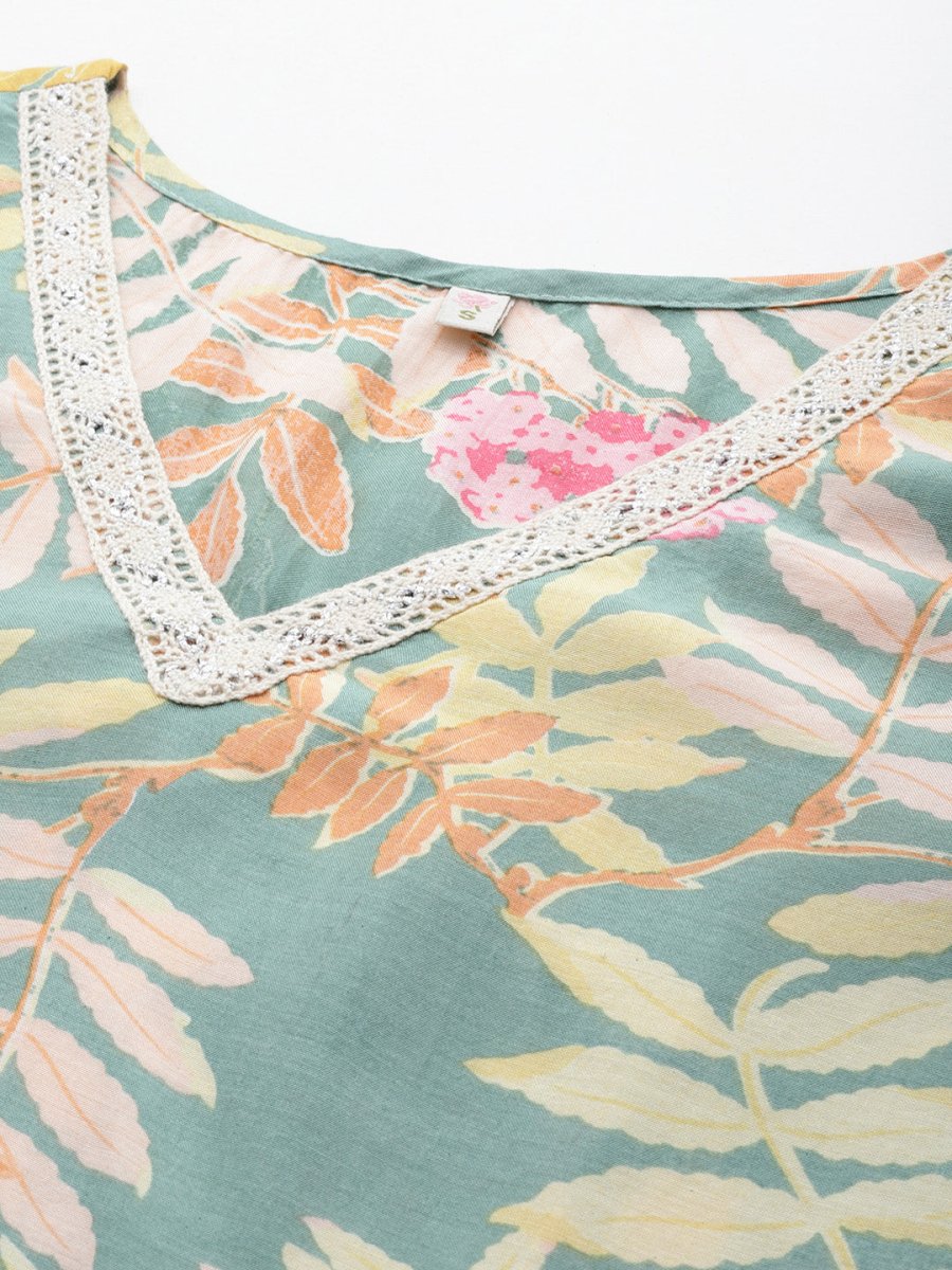 Ahalyaa Floral Printed Tunic with Lace Inserts Detail