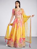 House of Panchhi Yellow Colour Organza Floral Design Digital Print Lehenga Choli & Dupatta