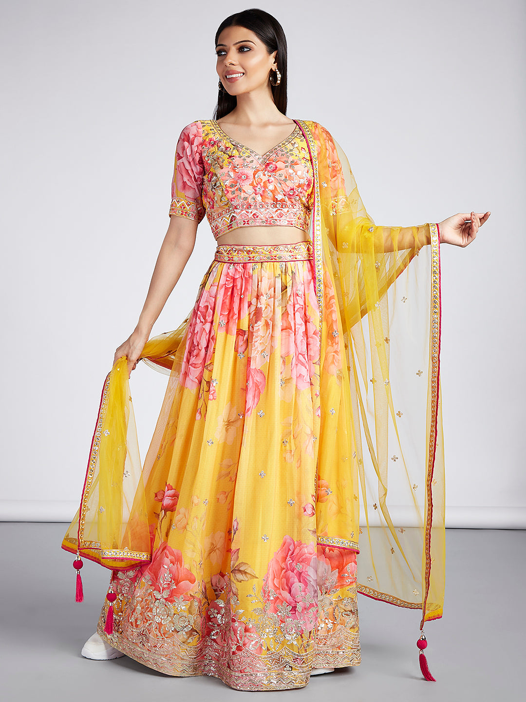 House of Panchhi Yellow Colour Organza Floral Design Digital Print Lehenga Choli & Dupatta