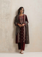 trueBrowns Maroon Velvet Embroidered Kurta Pant Dupatta Set - Distacart