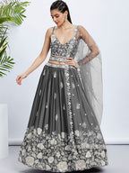 House of Panchhi Navy Blue Georgette Sequins, Mirror And Thread Embroidery Lehenga Choli & Dupatta