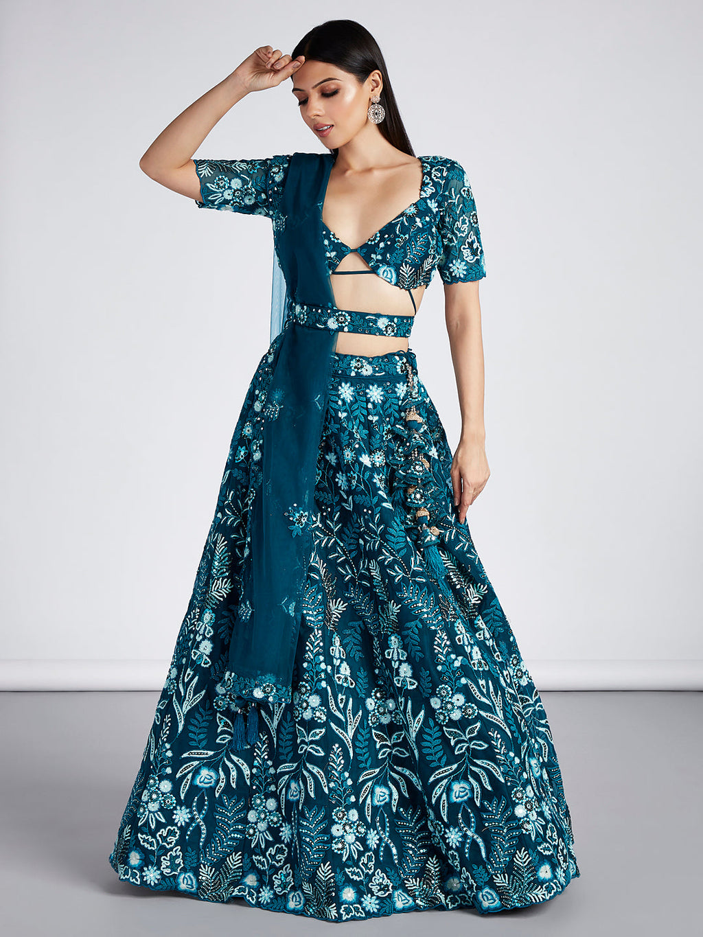 House of Panchhi Teal Net Sequins, Mirror And Thread Embroidery Lehenga Choli & Dupatta