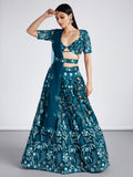 House of Panchhi Teal Net Sequins, Mirror And Thread Embroidery Lehenga Choli & Dupatta