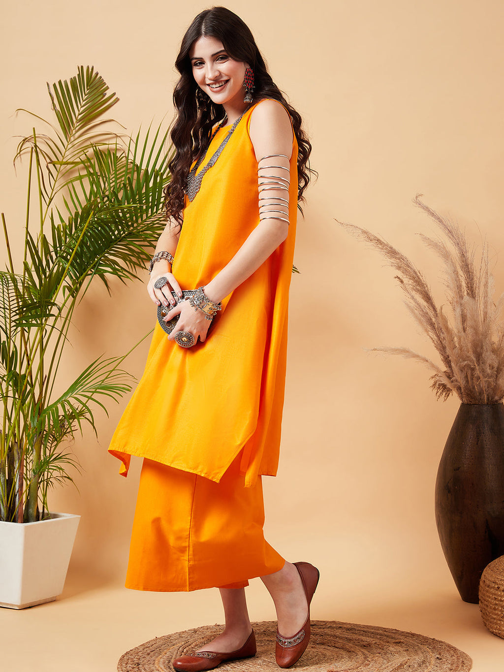 InWeave Women's Tangy Orange Short Kurta Palazzo Set