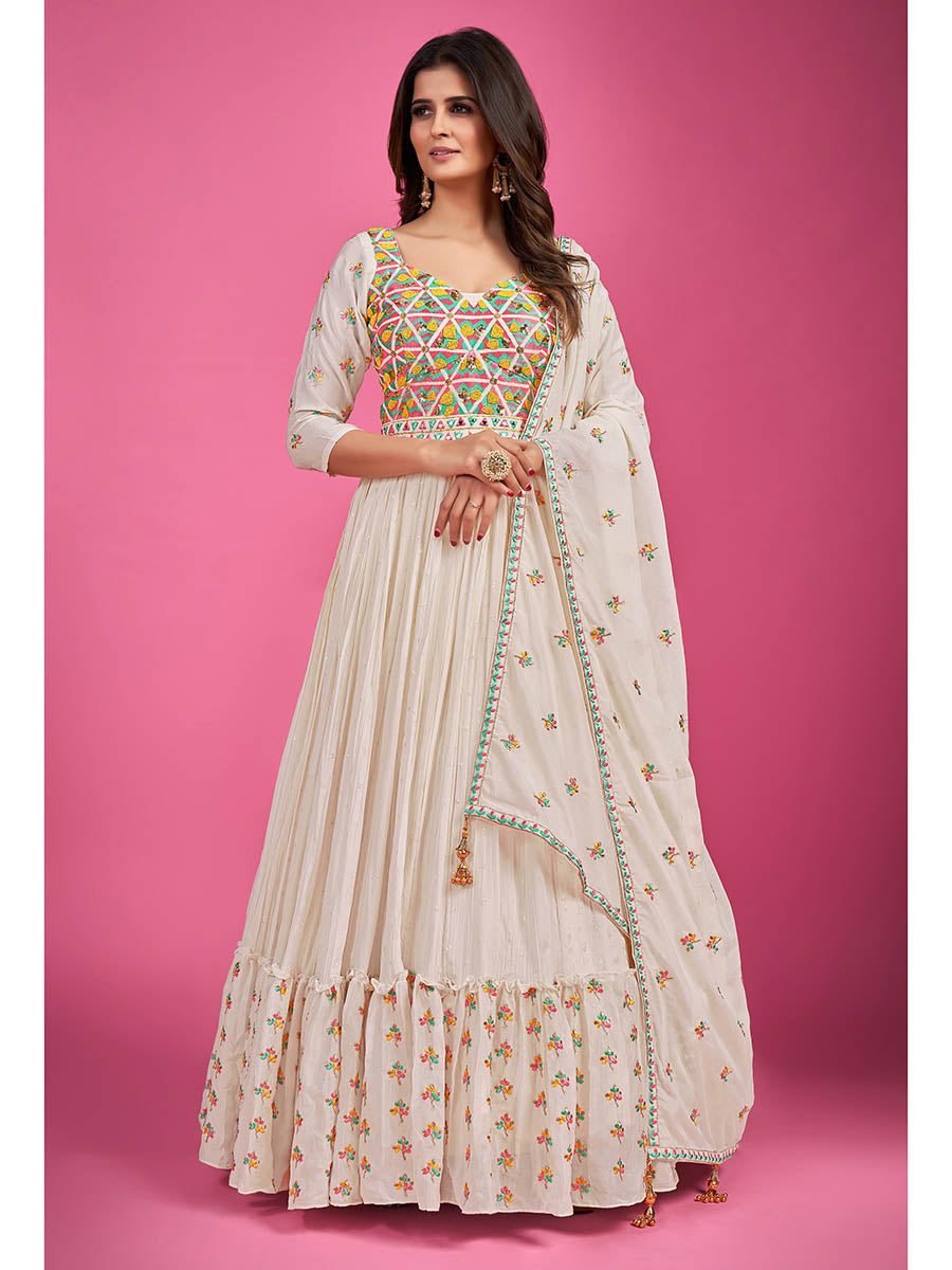 Myra White Chinon Silk Embroidered Gown - Distacart