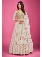Myra White Chinon Silk Embroidered Gown - Distacart
