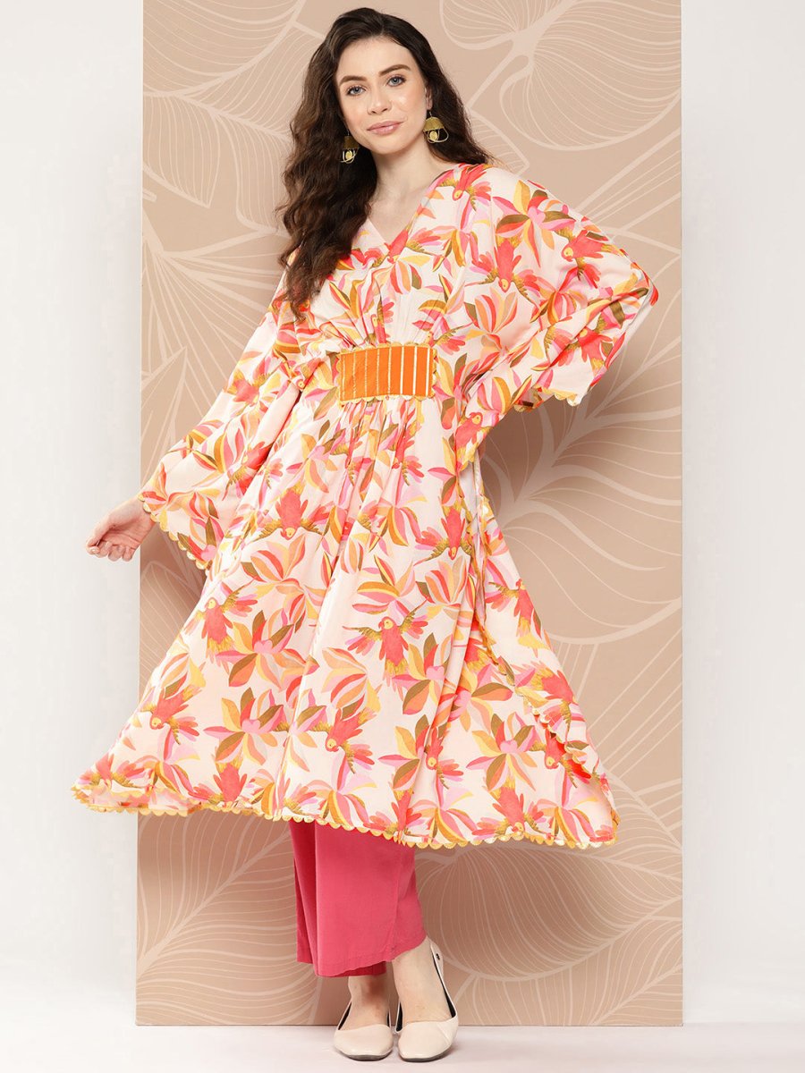 Ahalyaa Women Floral Printed Flared Sleeves Gotta Patti Crepe Kaftan Kurta - Distacart