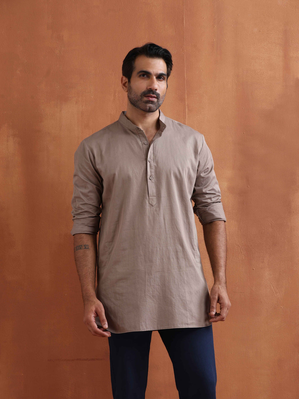 trueBrowns Men's Beige Cotton Short Kurta