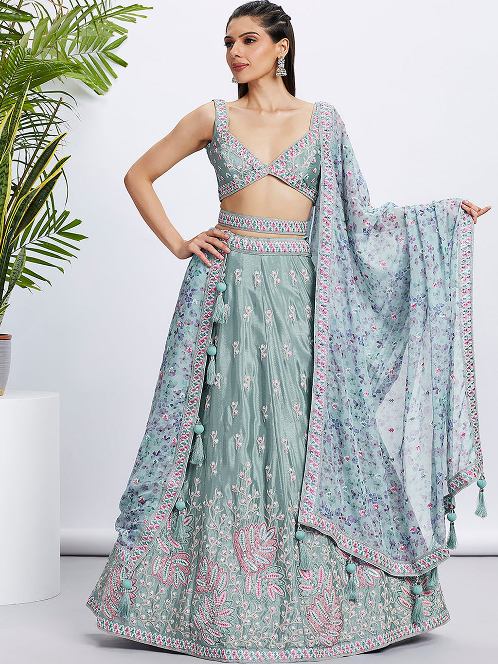 House of Panchhi Pink Georgette Sequins And Thread Embroidery Lehenga Choli & Dupatta