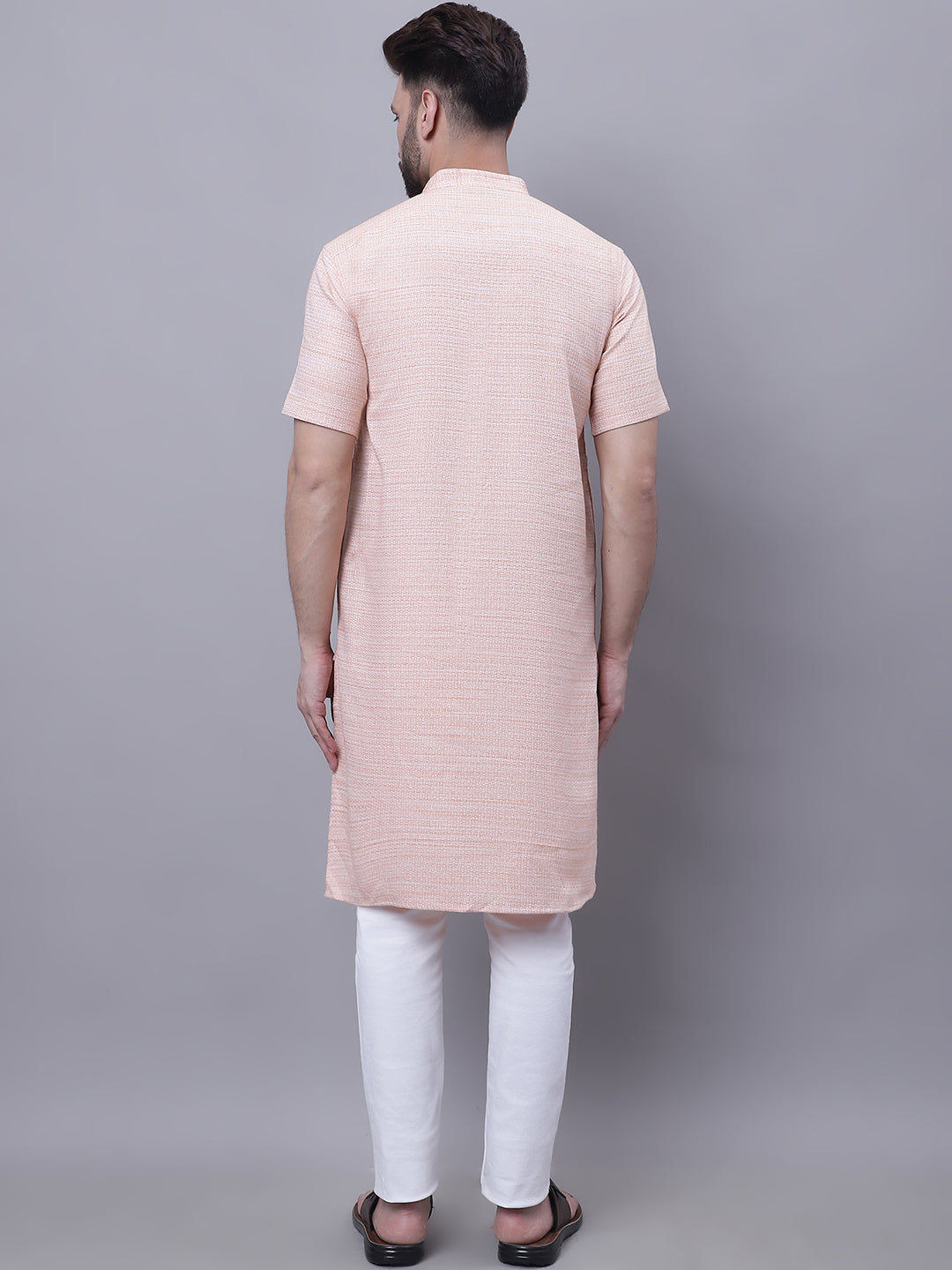 Even Apparels Peach Pure Cotton Short Sleeves Kurta With Band Collar - Distacart