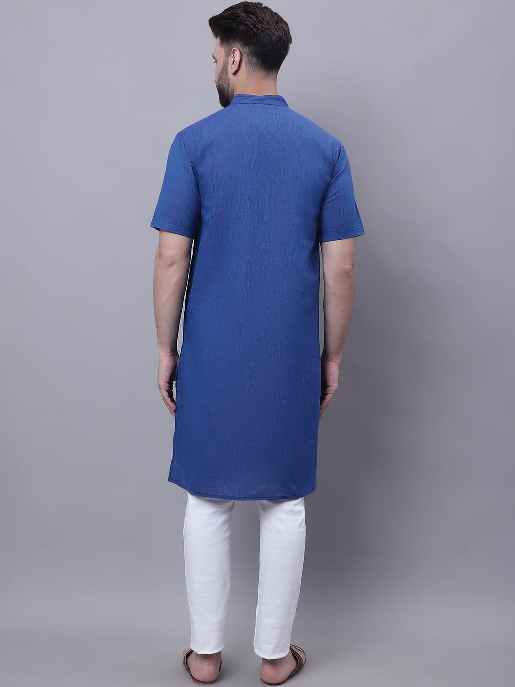 Even Apparels Blue Pure Cotton Short Sleeves Kurta With Band Collar - Distacart