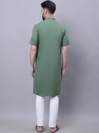 Even Apparels Green Pure Cotton Short Sleeves Kurta With Band Collar - Distacart