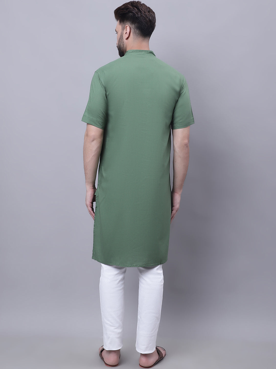 Even Apparels Green Pure Cotton Short Sleeves Kurta With Band Collar - Distacart