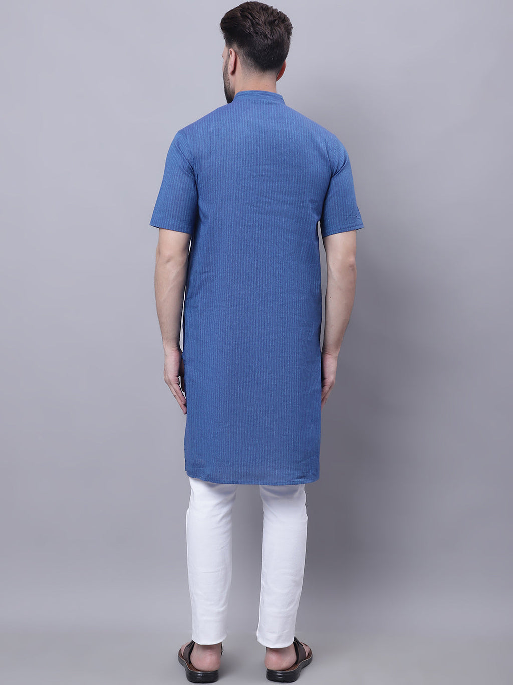 Even Apparels Blue Pure Cotton Short Sleeves Kurta With Band Collar - Distacart