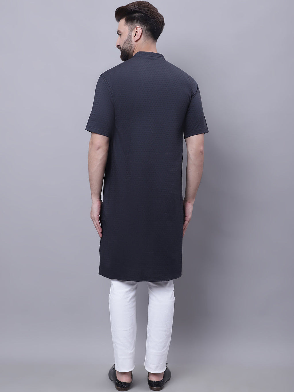 Even Apparels Black Pure Cotton Short Sleeves Kurta With Band Collar