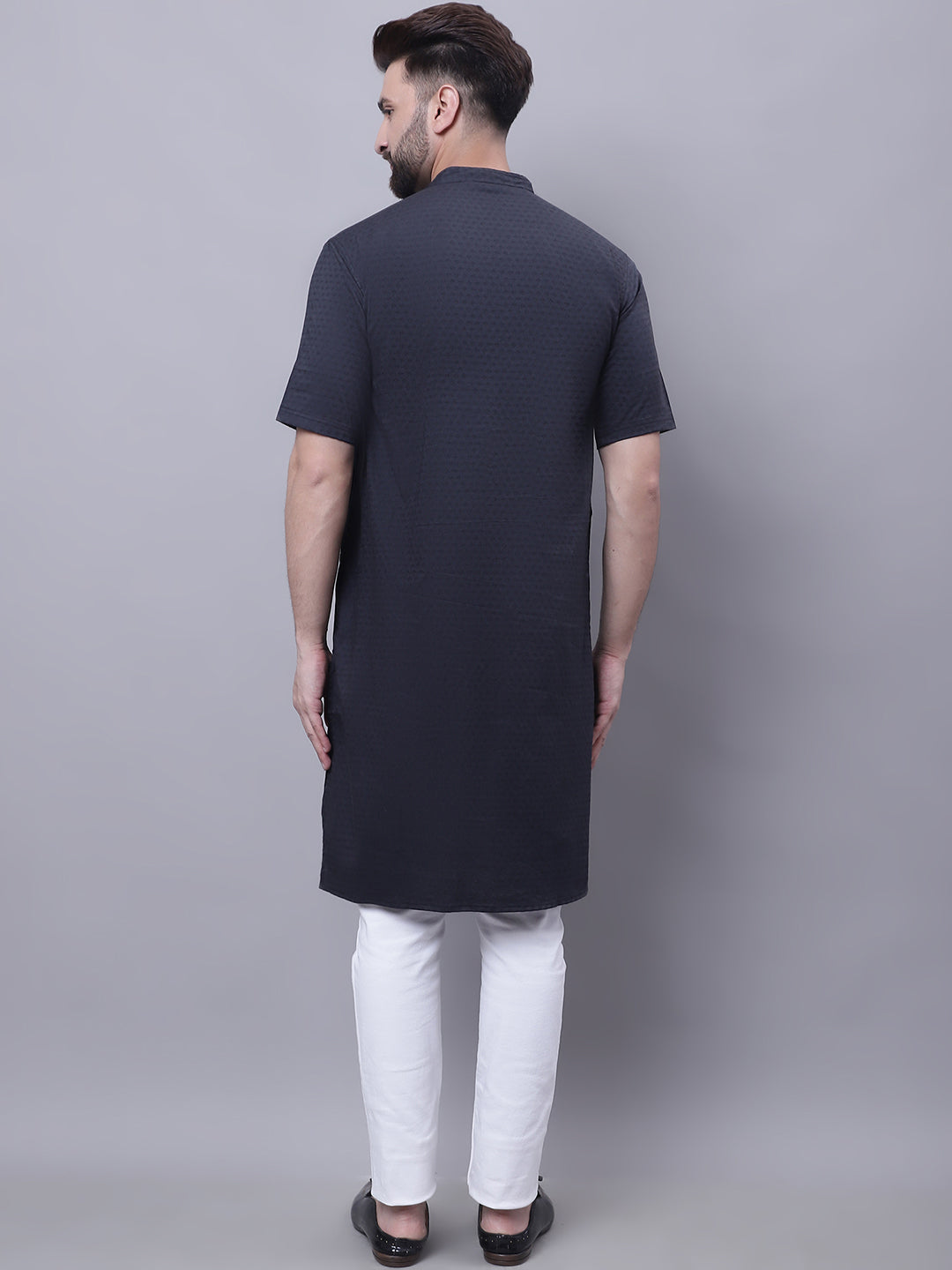 Even Apparels Black Pure Cotton Short Sleeves Kurta With Band Collar