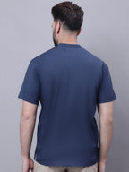 Even Apparels Blue Pure Cotton Short Kurta With Band Collar - Distacart