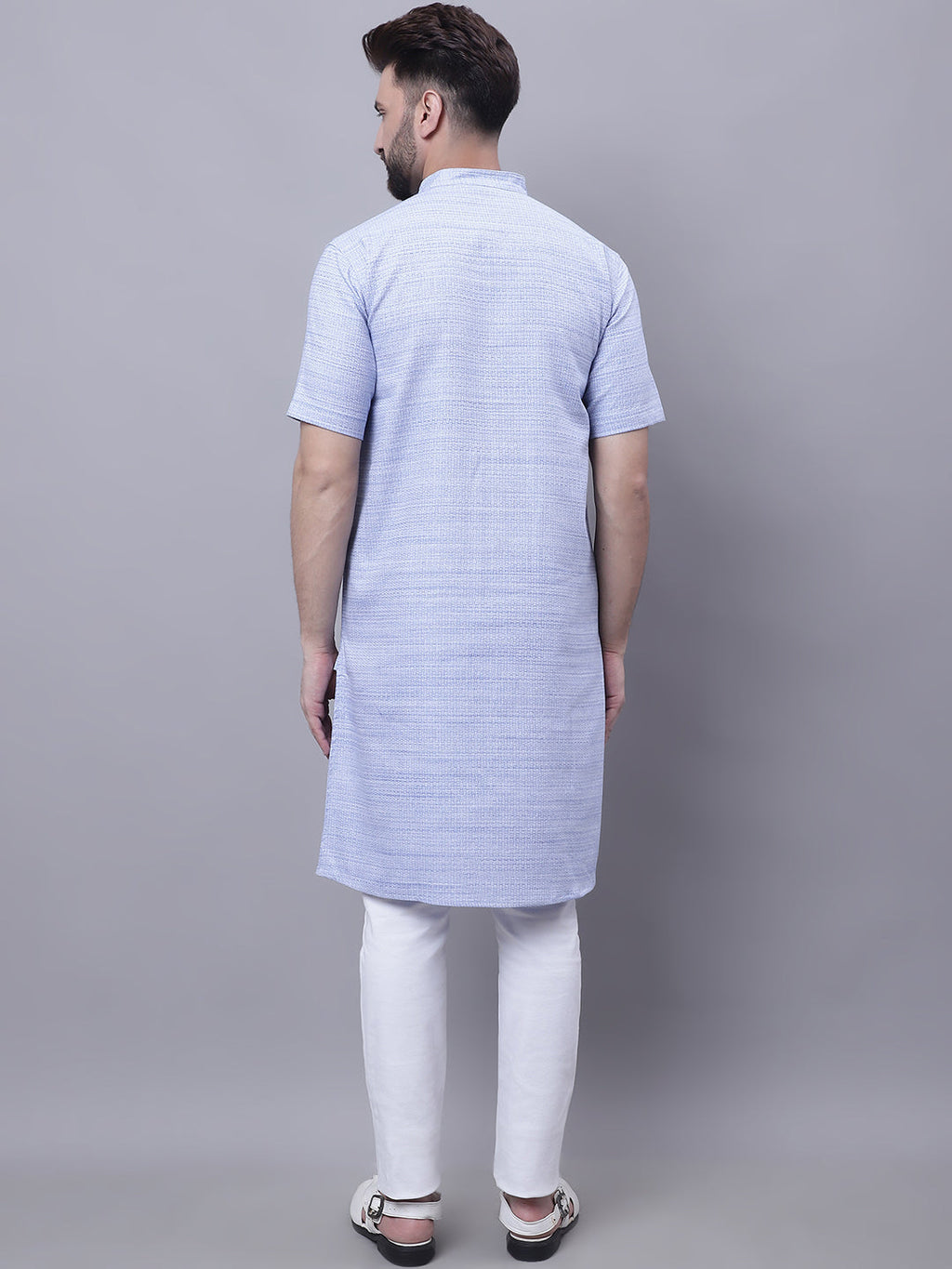 Even Apparels Blue Pure Cotton Short Sleeves Kurta With Band Collar - Distacart