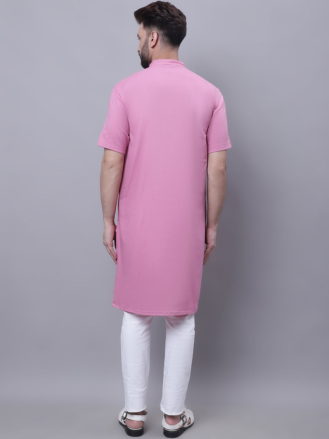 Even Apparels Pink Pure Cotton Short Sleeves Kurta With Band Collar - Distacart