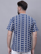 Even Apparels Blue Pure Cotton Short Kurta With Band Collar - Distacart