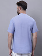 Even Apparels Blue Pure Cotton Short Kurta With Band Collar - Distacart