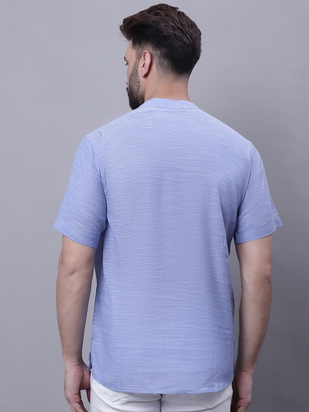 Even Apparels Blue Pure Cotton Short Kurta With Band Collar - Distacart