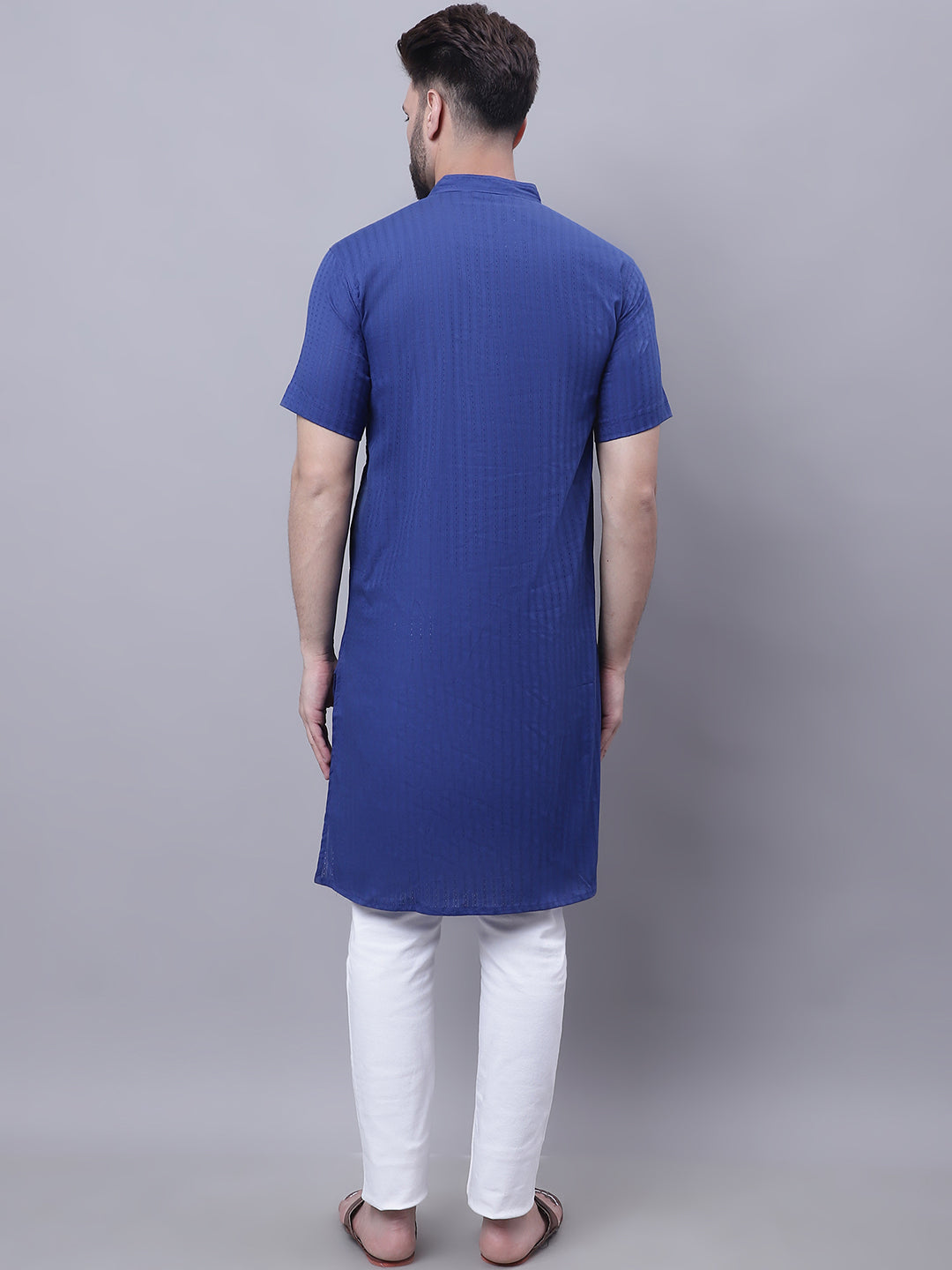Even Apparels Blue Pure Cotton Short Sleeves Kurta With Band Collar - Distacart